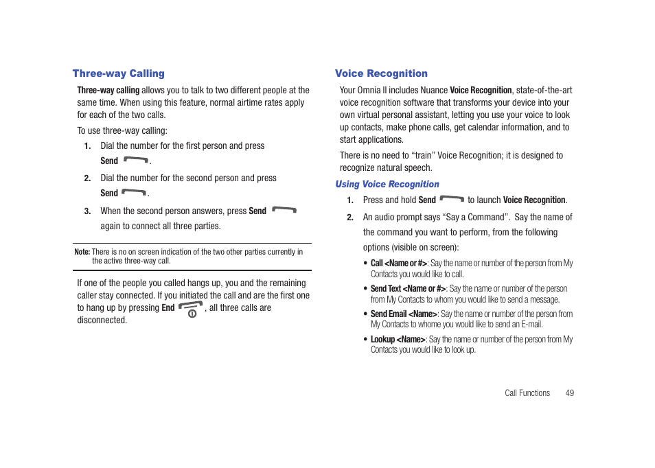 Three-way calling, Voice recognition, Three-way calling voice recognition | Samsung SCH-I920DAAVZW User Manual | Page 54 / 177