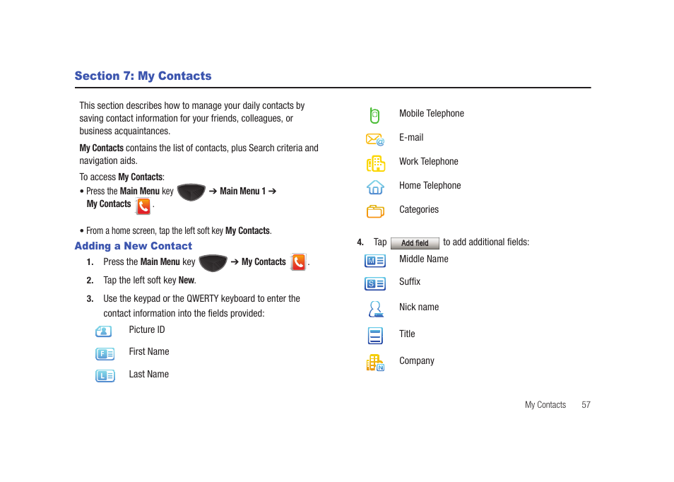 Section 7: my contacts, Adding a new contact | Samsung SCH-I920DAAVZW User Manual | Page 62 / 177