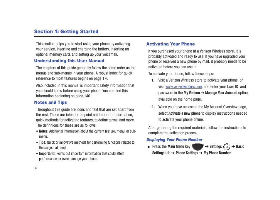 Section 1: getting started, Understanding this user manual, Notes and tips | Activating your phone | Samsung SCH-I920DAAVZW User Manual | Page 9 / 177