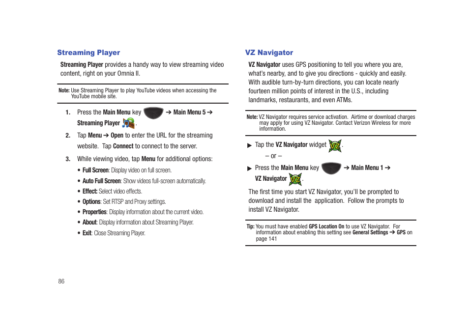 Streaming player, Vz navigator, Streaming player vz navigator | Samsung SCH-I920DAAVZW User Manual | Page 91 / 177