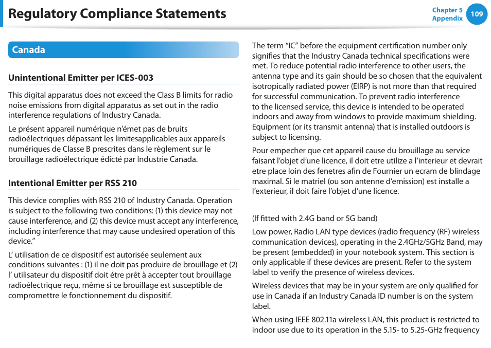 Regulatory compliance statements | Samsung NP270E5E-K01US User Manual | Page 110 / 126