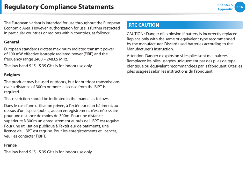 Regulatory compliance statements | Samsung NP270E5E-K01US User Manual | Page 117 / 126