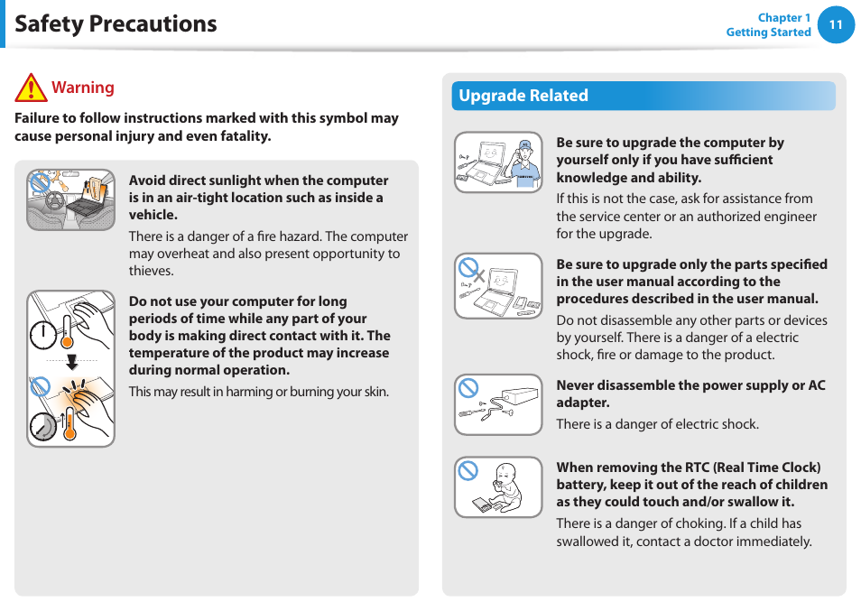 Safety precautions, Warning, Upgrade related | Samsung NP270E5E-K01US User Manual | Page 12 / 126