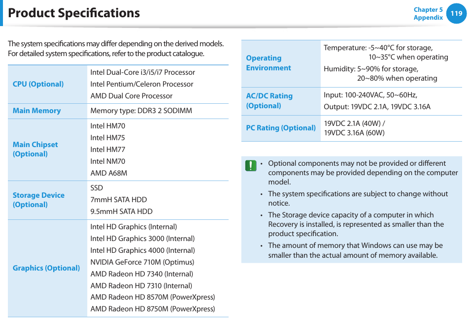 Product specifications | Samsung NP270E5E-K01US User Manual | Page 120 / 126