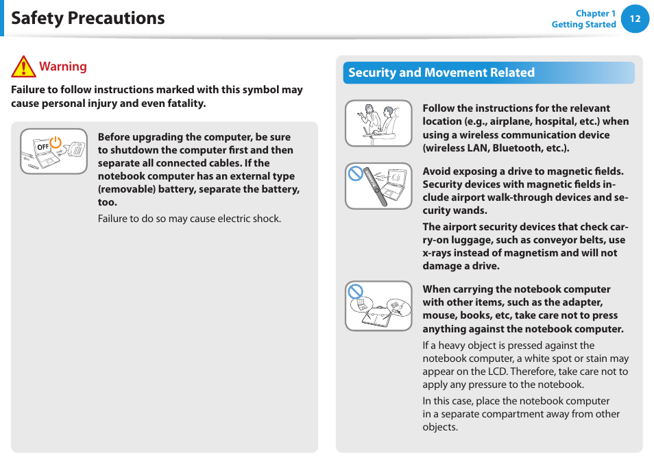 Safety precautions, Security and movement related, Warning | Samsung NP270E5E-K01US User Manual | Page 13 / 126