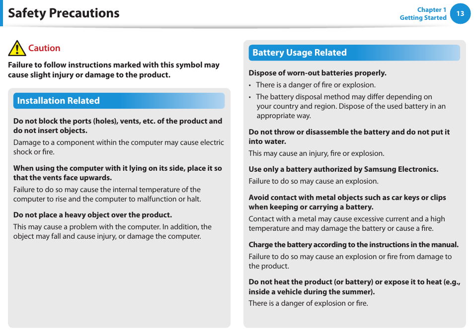 Safety precautions | Samsung NP270E5E-K01US User Manual | Page 14 / 126