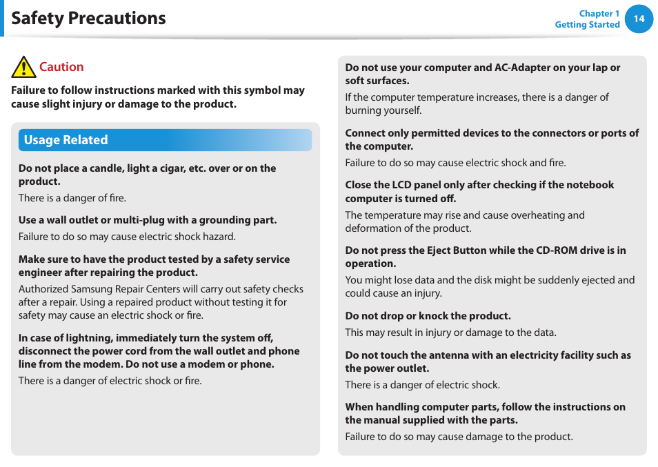 Safety precautions, Usage related, Caution | Samsung NP270E5E-K01US User Manual | Page 15 / 126