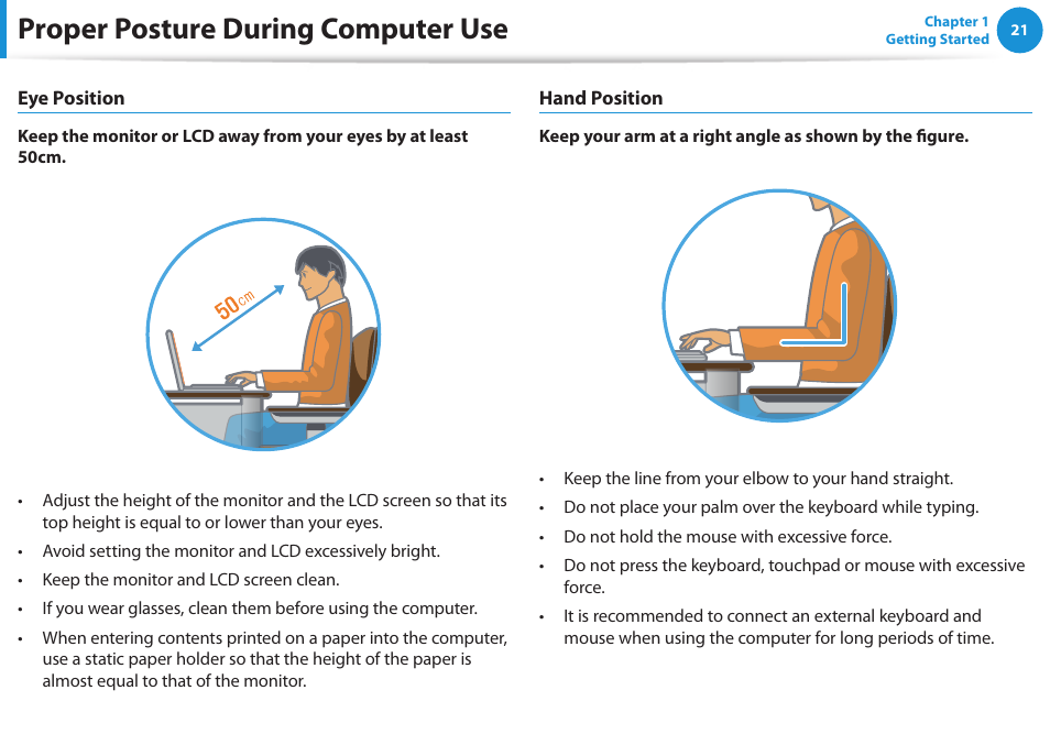 Proper posture during computer use | Samsung NP270E5E-K01US User Manual | Page 22 / 126