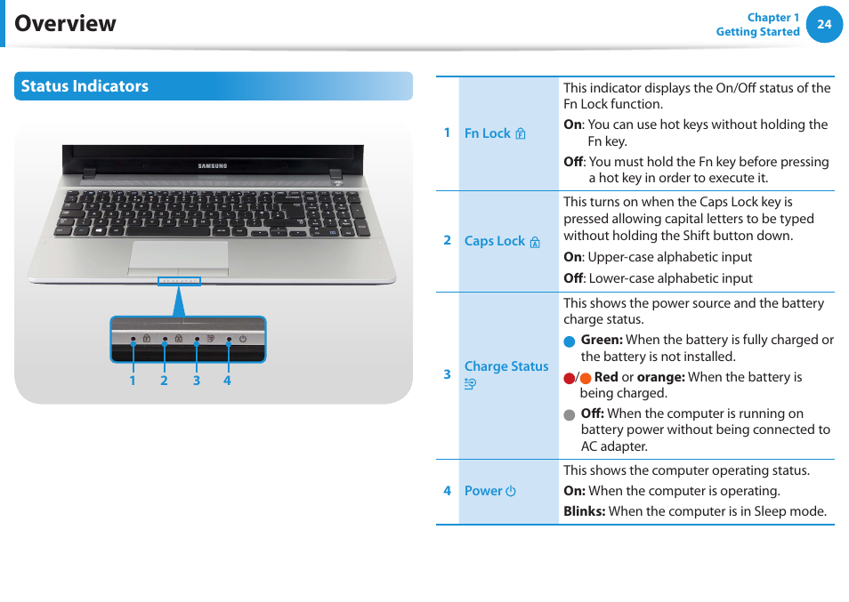 Overview, Status indicators | Samsung NP270E5E-K01US User Manual | Page 25 / 126