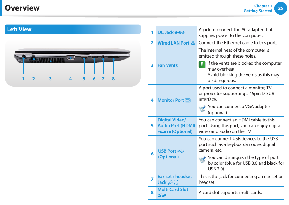 Overview, Left view | Samsung NP270E5E-K01US User Manual | Page 27 / 126