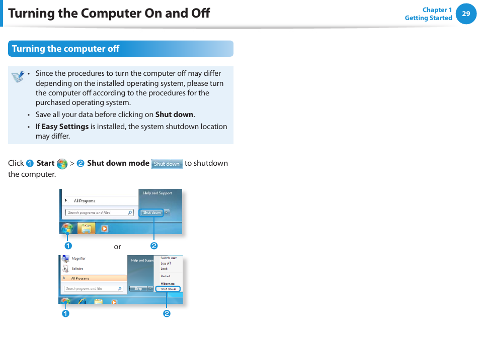 Turning the computer on and off | Samsung NP270E5E-K01US User Manual | Page 30 / 126
