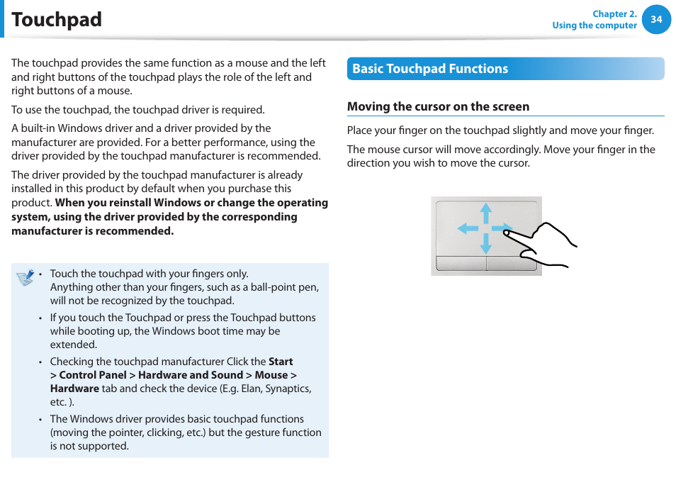 Touchpad | Samsung NP270E5E-K01US User Manual | Page 35 / 126