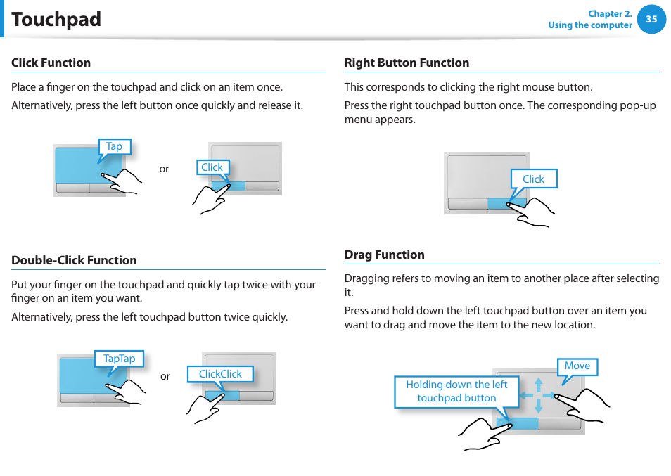 Touchpad | Samsung NP270E5E-K01US User Manual | Page 36 / 126
