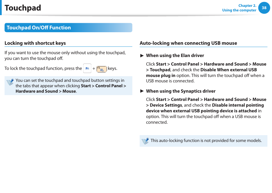 Touchpad | Samsung NP270E5E-K01US User Manual | Page 39 / 126