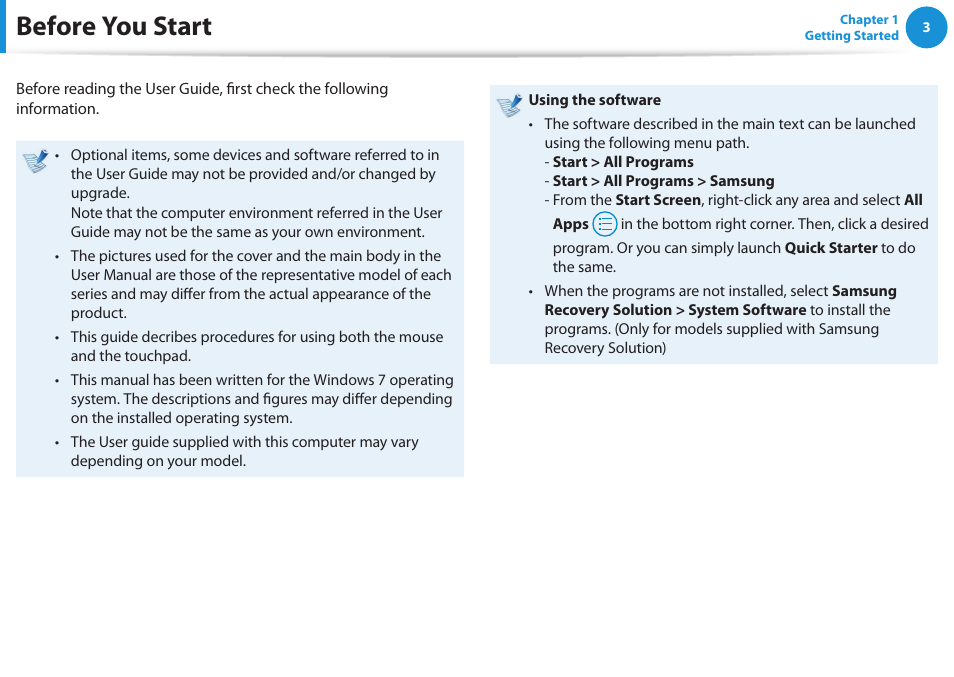 Before you start | Samsung NP270E5E-K01US User Manual | Page 4 / 126