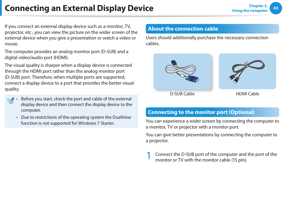 Connecting an external display device | Samsung NP270E5E-K01US User Manual | Page 44 / 126