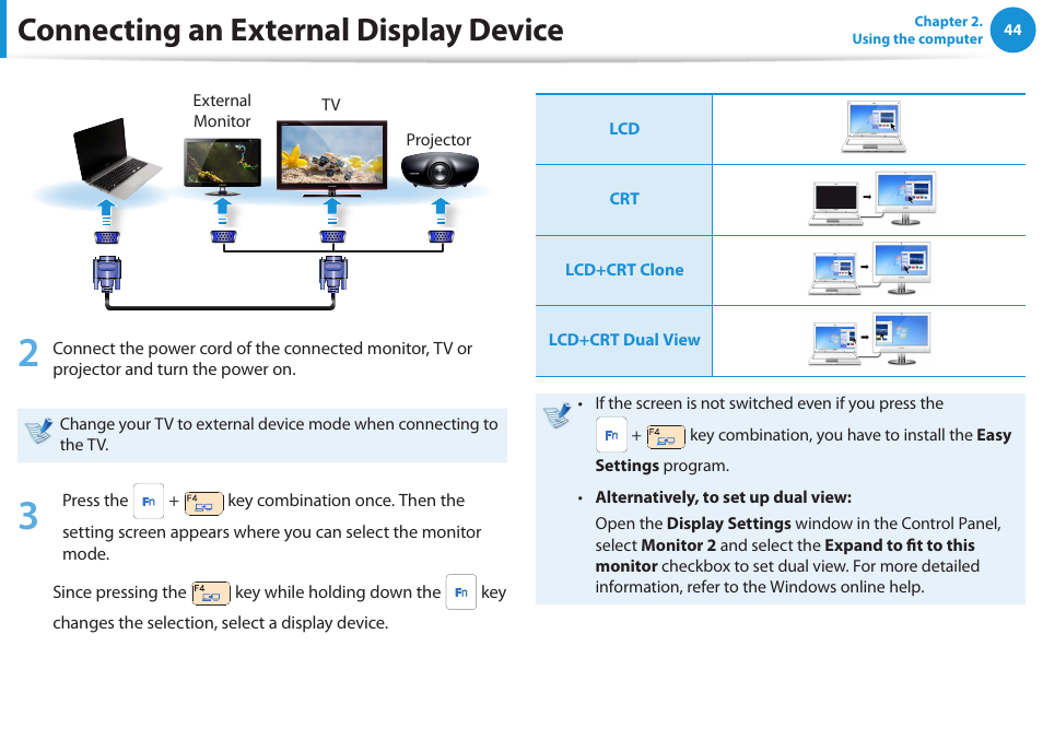 Connecting an external display device | Samsung NP270E5E-K01US User Manual | Page 45 / 126