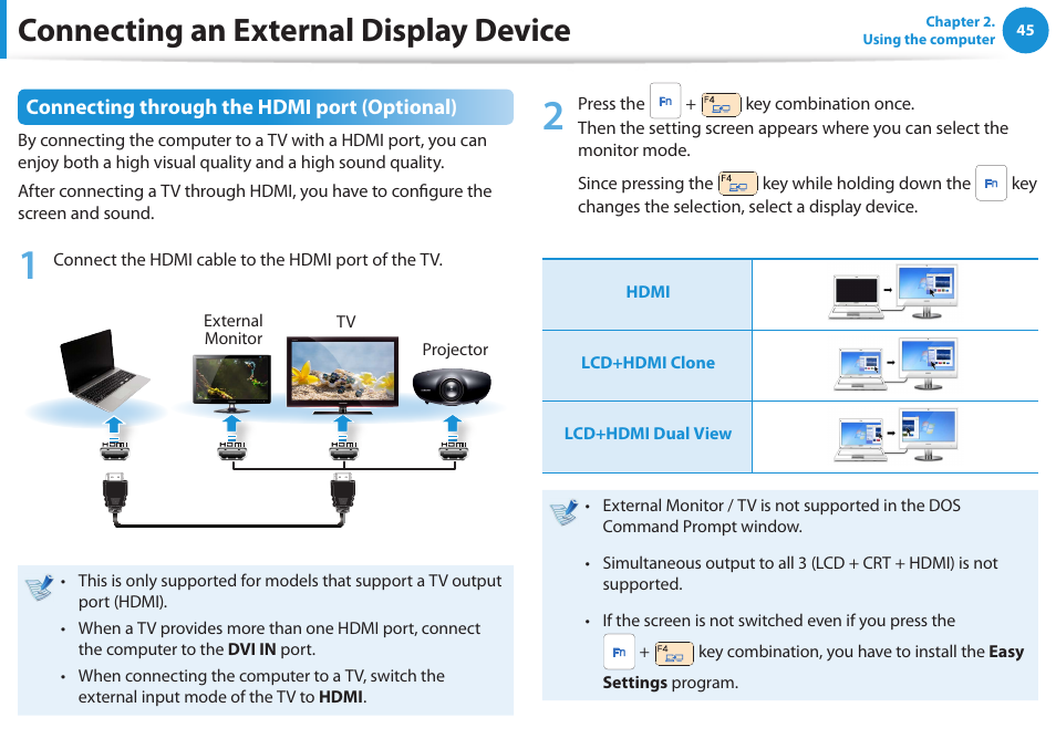 Connecting an external display device | Samsung NP270E5E-K01US User Manual | Page 46 / 126