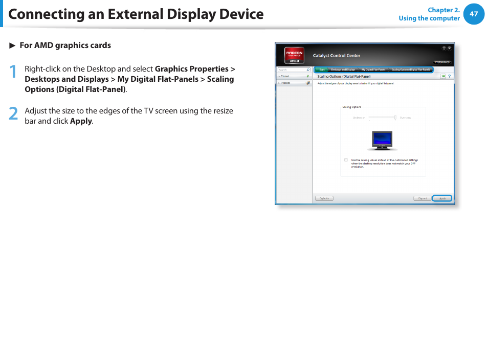 Connecting an external display device | Samsung NP270E5E-K01US User Manual | Page 48 / 126