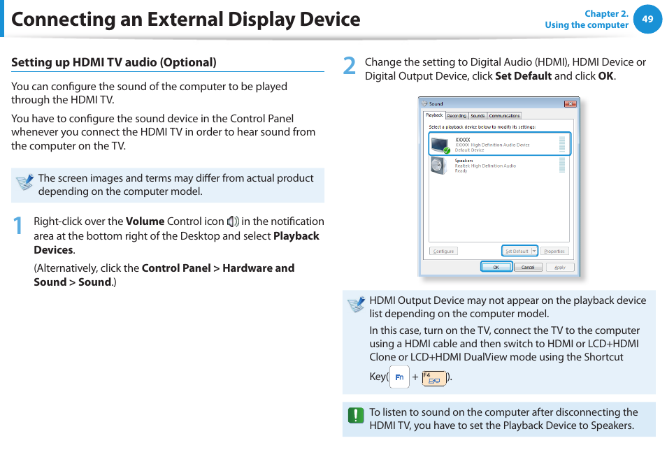 Connecting an external display device | Samsung NP270E5E-K01US User Manual | Page 50 / 126