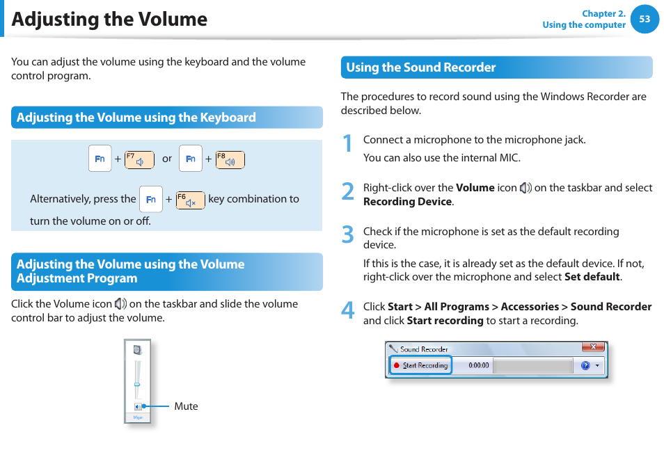 Adjusting the volume | Samsung NP270E5E-K01US User Manual | Page 54 / 126