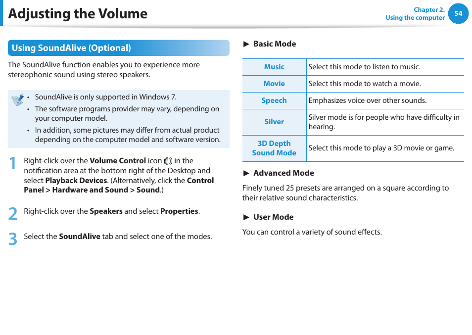 Adjusting the volume | Samsung NP270E5E-K01US User Manual | Page 55 / 126