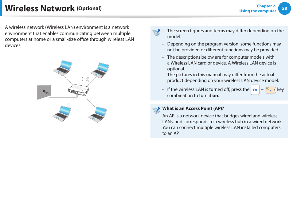 Wireless network (optional), Wireless network, Optional) | Samsung NP270E5E-K01US User Manual | Page 59 / 126