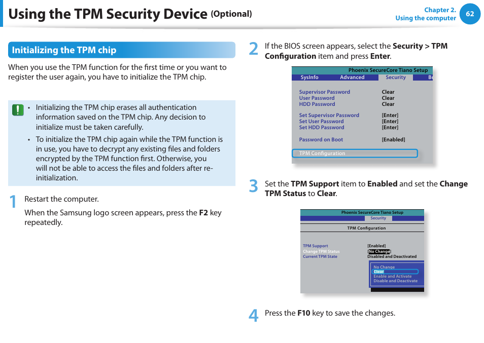 Using the tpm security device, Initializing the tpm chip, Optional) | Samsung NP270E5E-K01US User Manual | Page 63 / 126