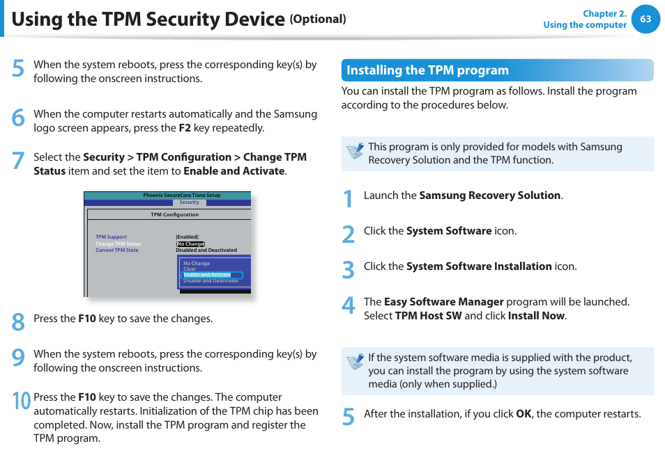 Using the tpm security device | Samsung NP270E5E-K01US User Manual | Page 64 / 126