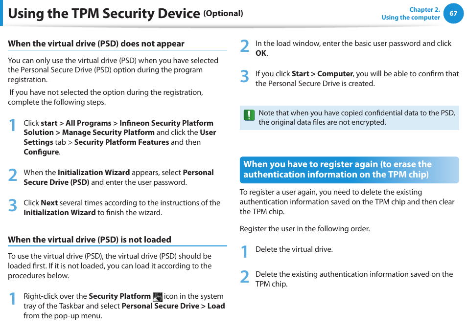 Using the tpm security device | Samsung NP270E5E-K01US User Manual | Page 68 / 126