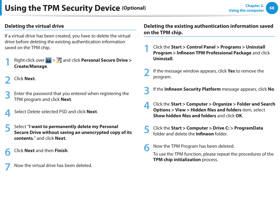 Using the tpm security device | Samsung NP270E5E-K01US User Manual | Page 69 / 126