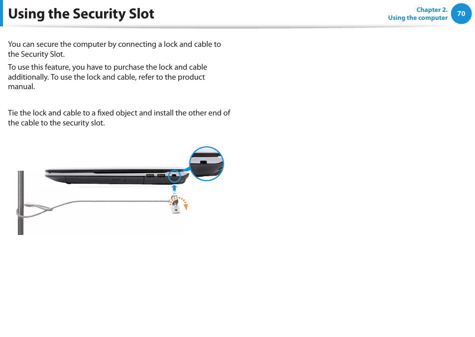 Using the security slot | Samsung NP270E5E-K01US User Manual | Page 71 / 126