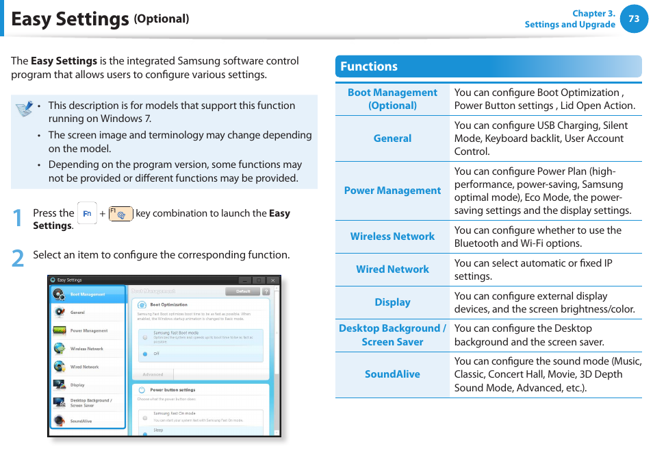Easy settings (optional), Easy settings, Optional) | Samsung NP270E5E-K01US User Manual | Page 74 / 126
