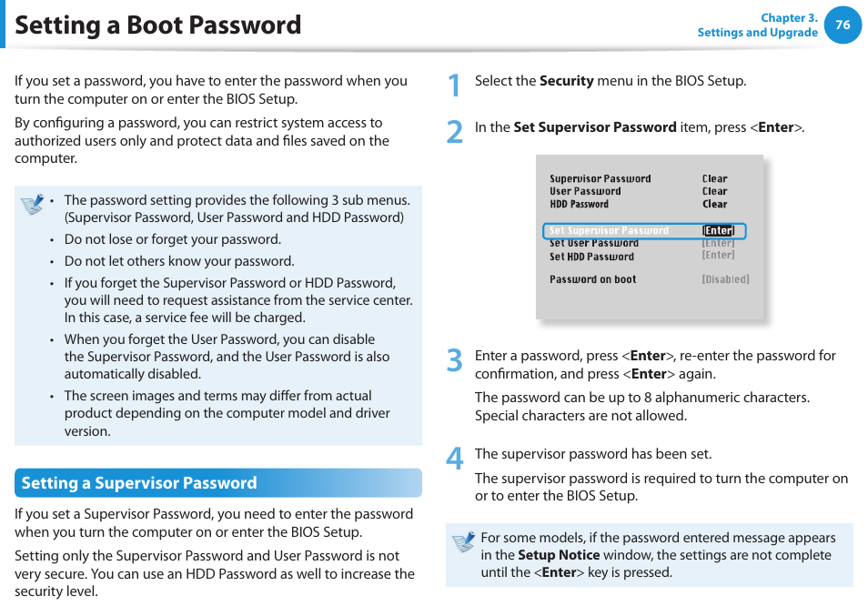 Setting a boot password | Samsung NP270E5E-K01US User Manual | Page 77 / 126