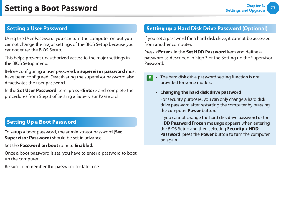 Setting a boot password | Samsung NP270E5E-K01US User Manual | Page 78 / 126