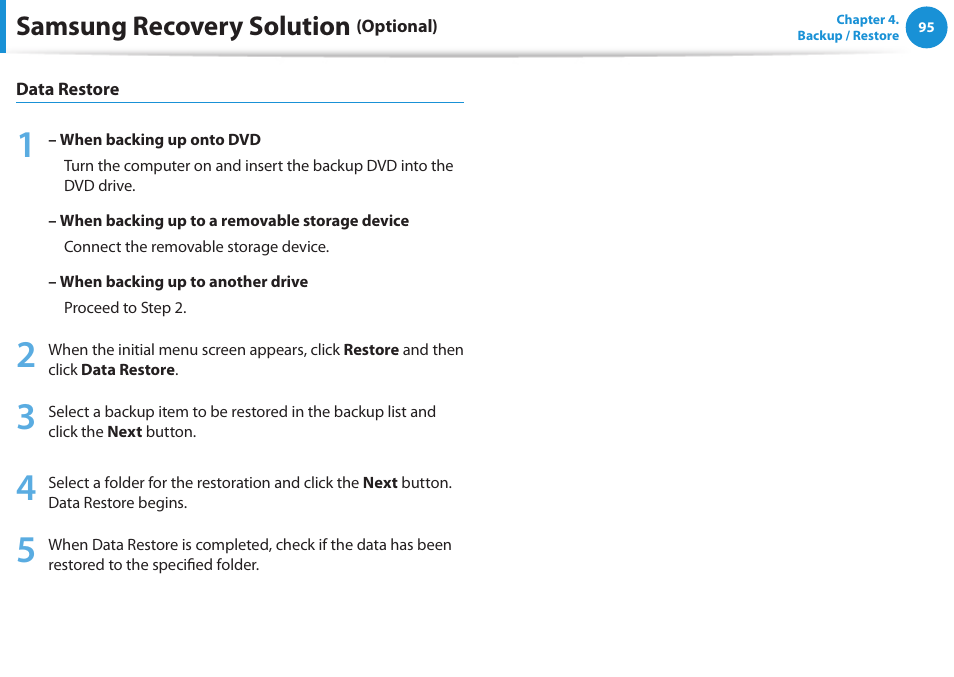 Samsung recovery solution | Samsung NP270E5E-K01US User Manual | Page 96 / 126