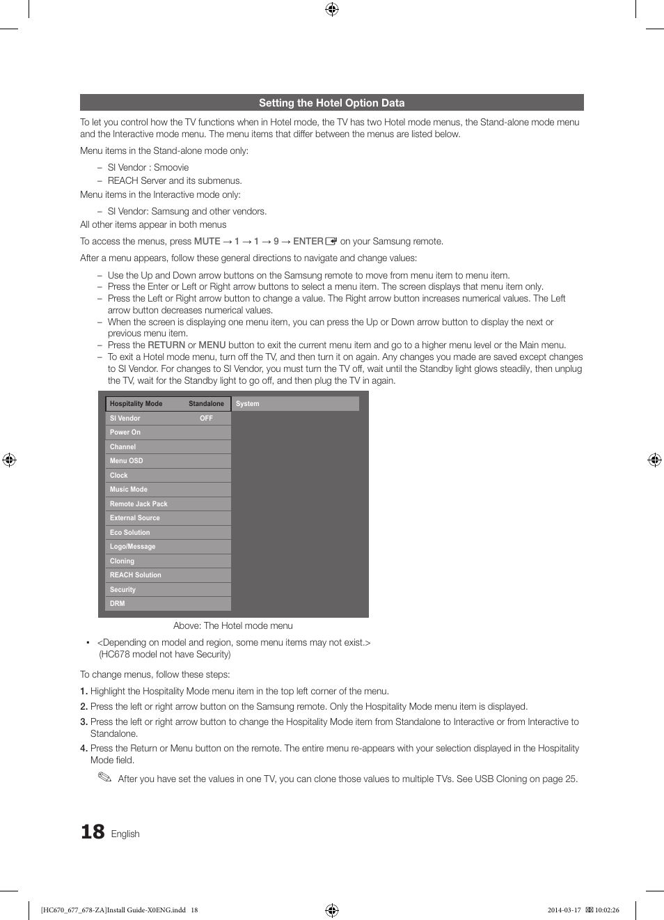 Setting the hotel option data | Samsung HG28NC677AFXZA User Manual | Page 18 / 49