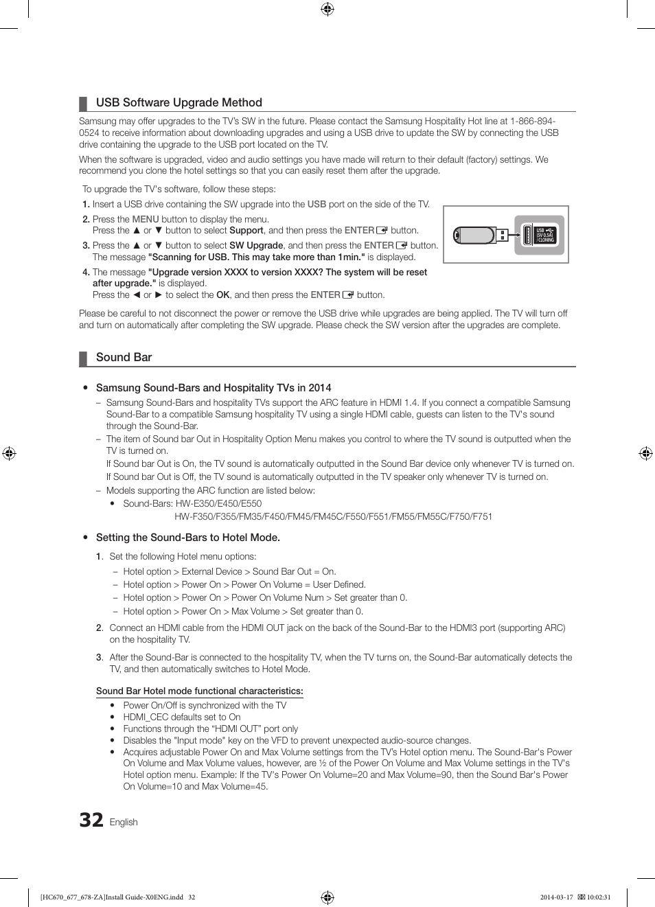 Usb software upgrade method, Sound bar | Samsung HG28NC677AFXZA User Manual | Page 32 / 49