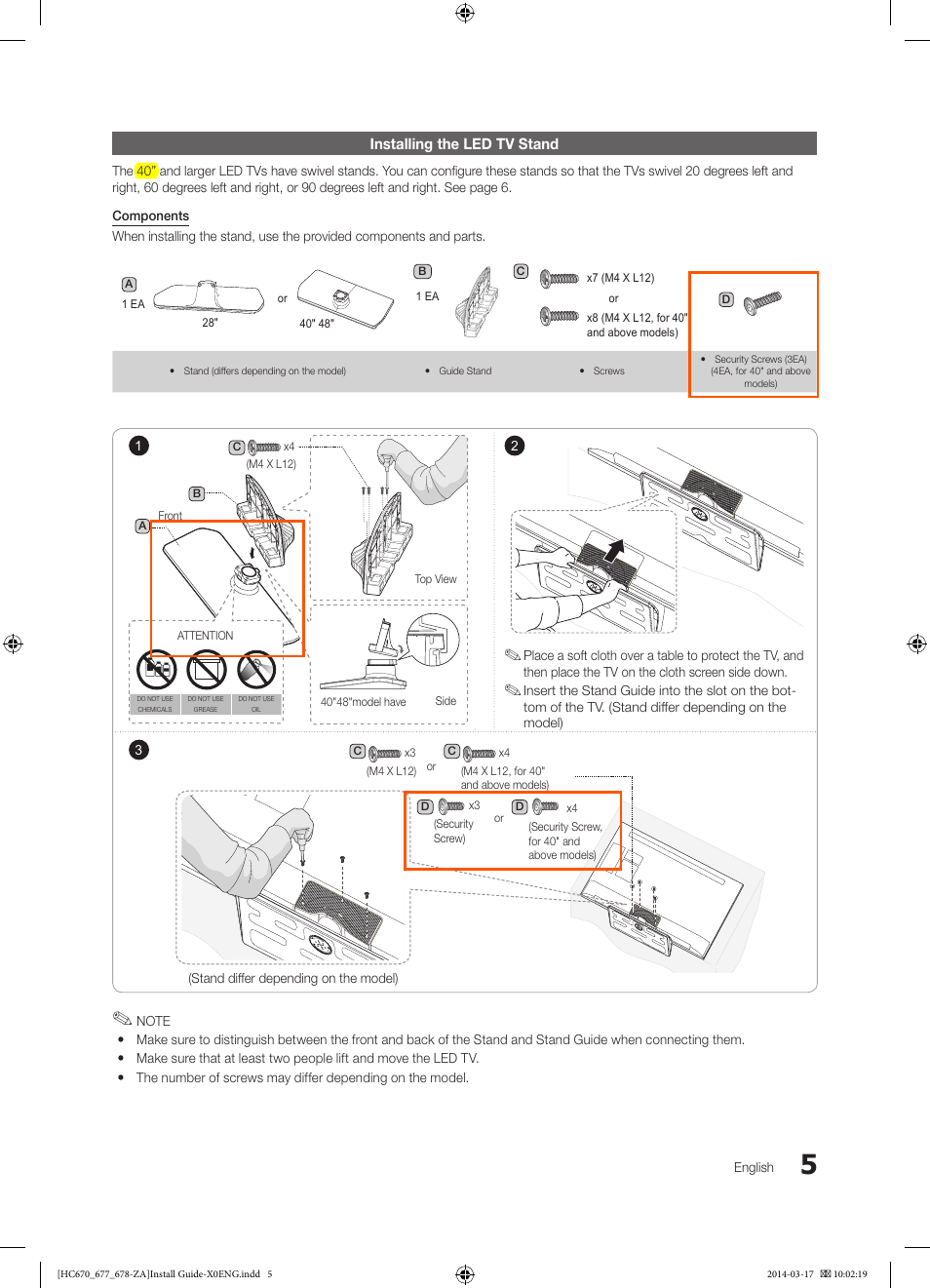 Installing the led tv stand | Samsung HG28NC677AFXZA User Manual | Page 5 / 49