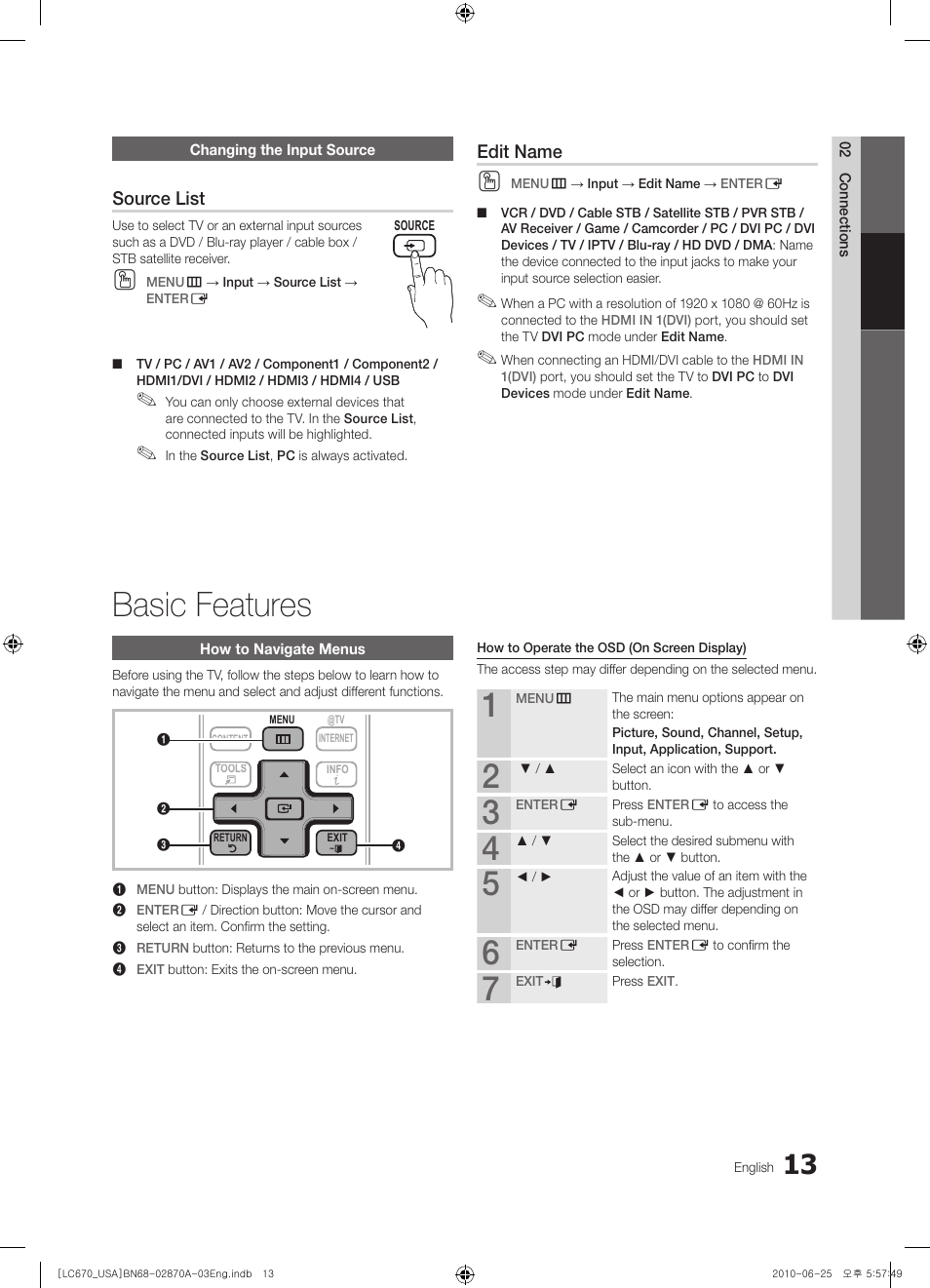 Changing the input source, Basic features, How to navigate menus | Source list, Edit name | Samsung LN46C670M1FXZA User Manual | Page 13 / 60