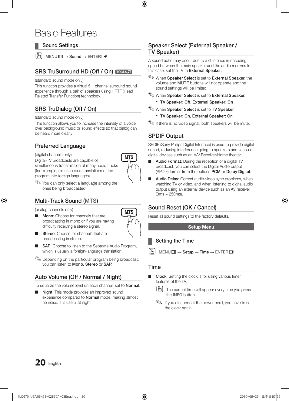 Setup menu, Basic features | Samsung LN46C670M1FXZA User Manual | Page 20 / 60