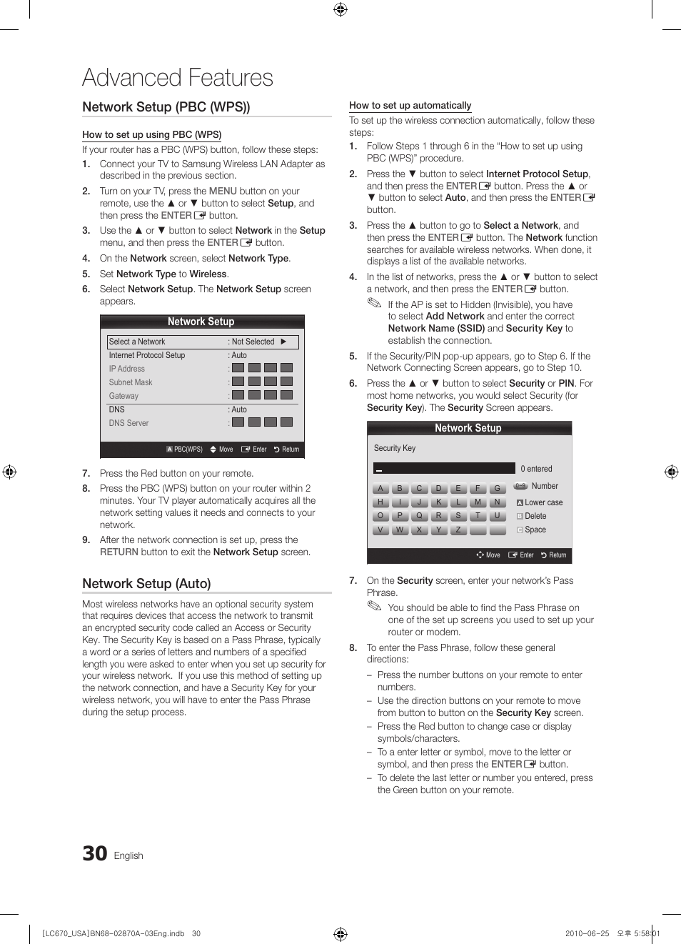 Advanced features, Network setup (pbc (wps)), Network setup (auto) | Samsung LN46C670M1FXZA User Manual | Page 30 / 60