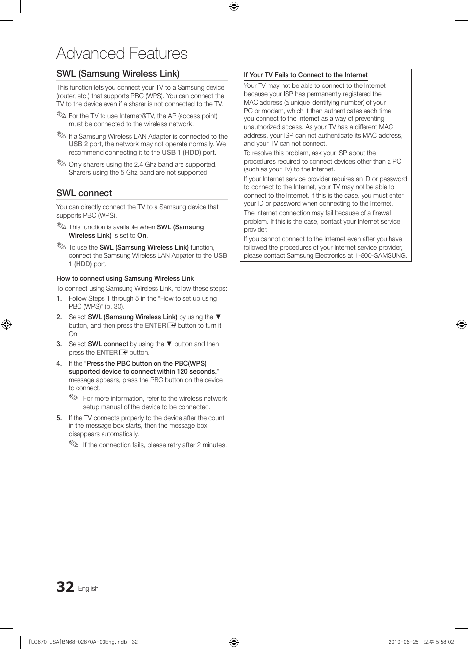 Advanced features | Samsung LN46C670M1FXZA User Manual | Page 32 / 60