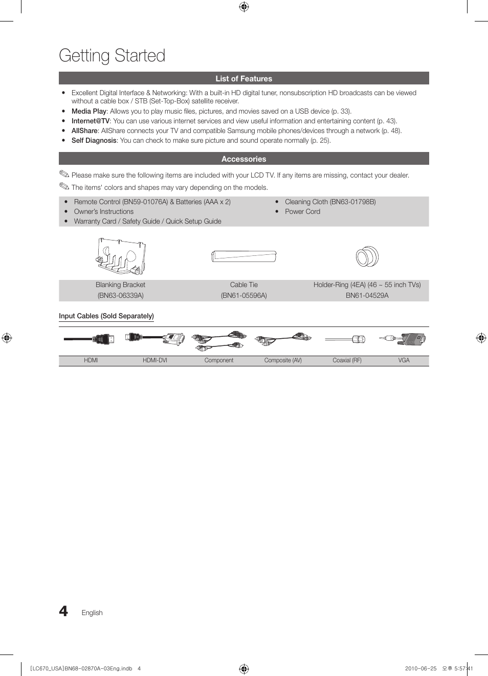 Getting started, List of features, Accessories | Samsung LN46C670M1FXZA User Manual | Page 4 / 60