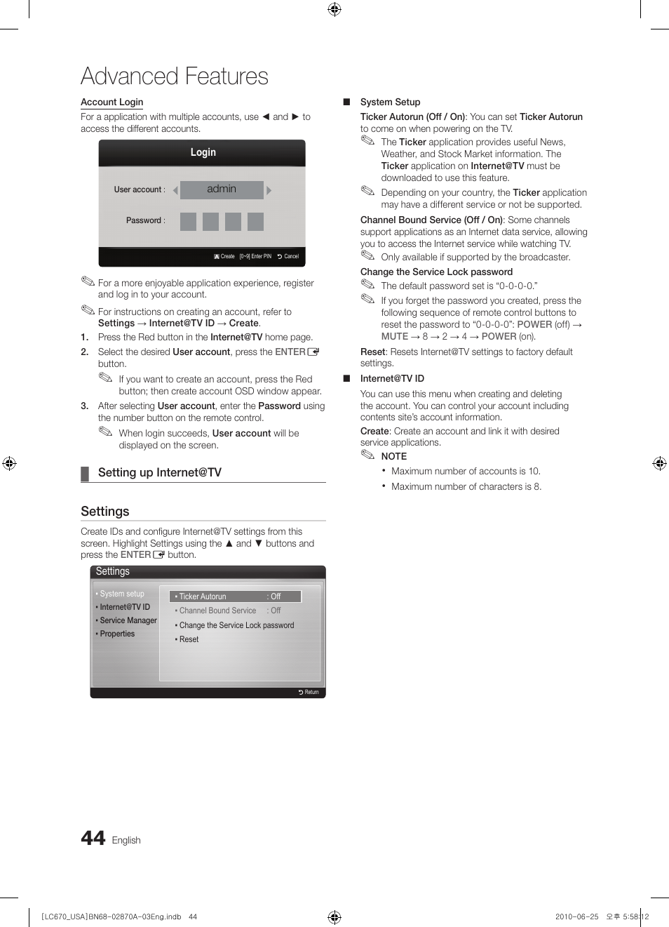 Advanced features | Samsung LN46C670M1FXZA User Manual | Page 44 / 60