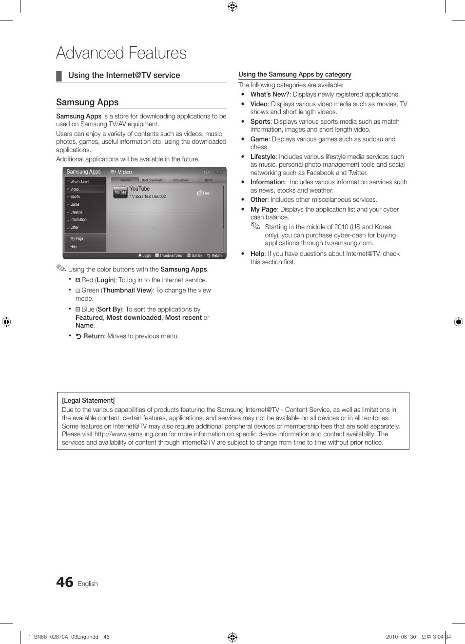 Advanced features, Samsung apps | Samsung LN46C670M1FXZA User Manual | Page 46 / 60