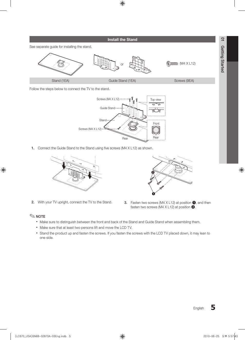 Install the stand | Samsung LN46C670M1FXZA User Manual | Page 5 / 60