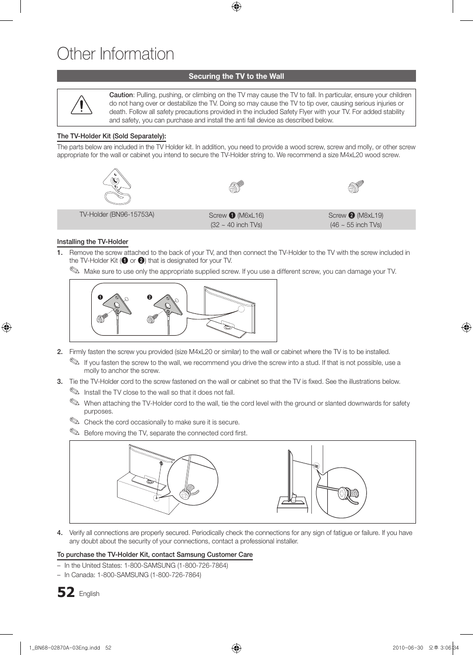 Securing the tv to the wall, Other information | Samsung LN46C670M1FXZA User Manual | Page 52 / 60