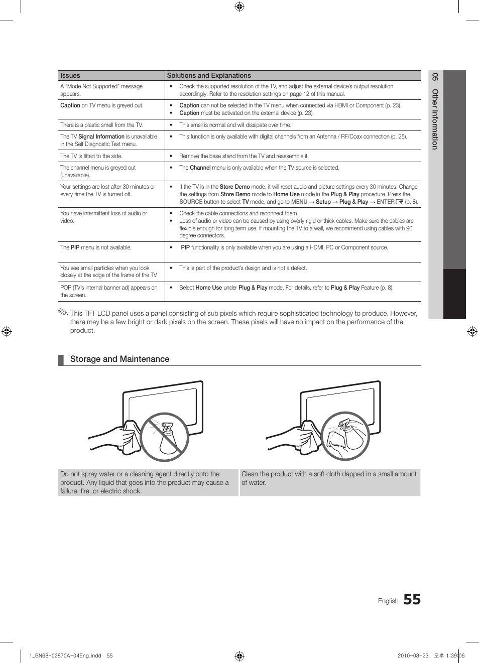 Storage and maintenance | Samsung LN46C670M1FXZA User Manual | Page 55 / 60