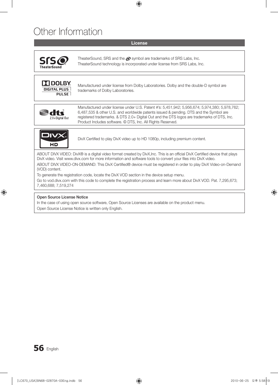 License, Other information | Samsung LN46C670M1FXZA User Manual | Page 56 / 60